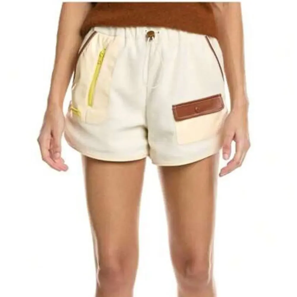 STAUD Fleece Sapling Shorts Faux Leather Trim Ivory Multi Women's Size Small